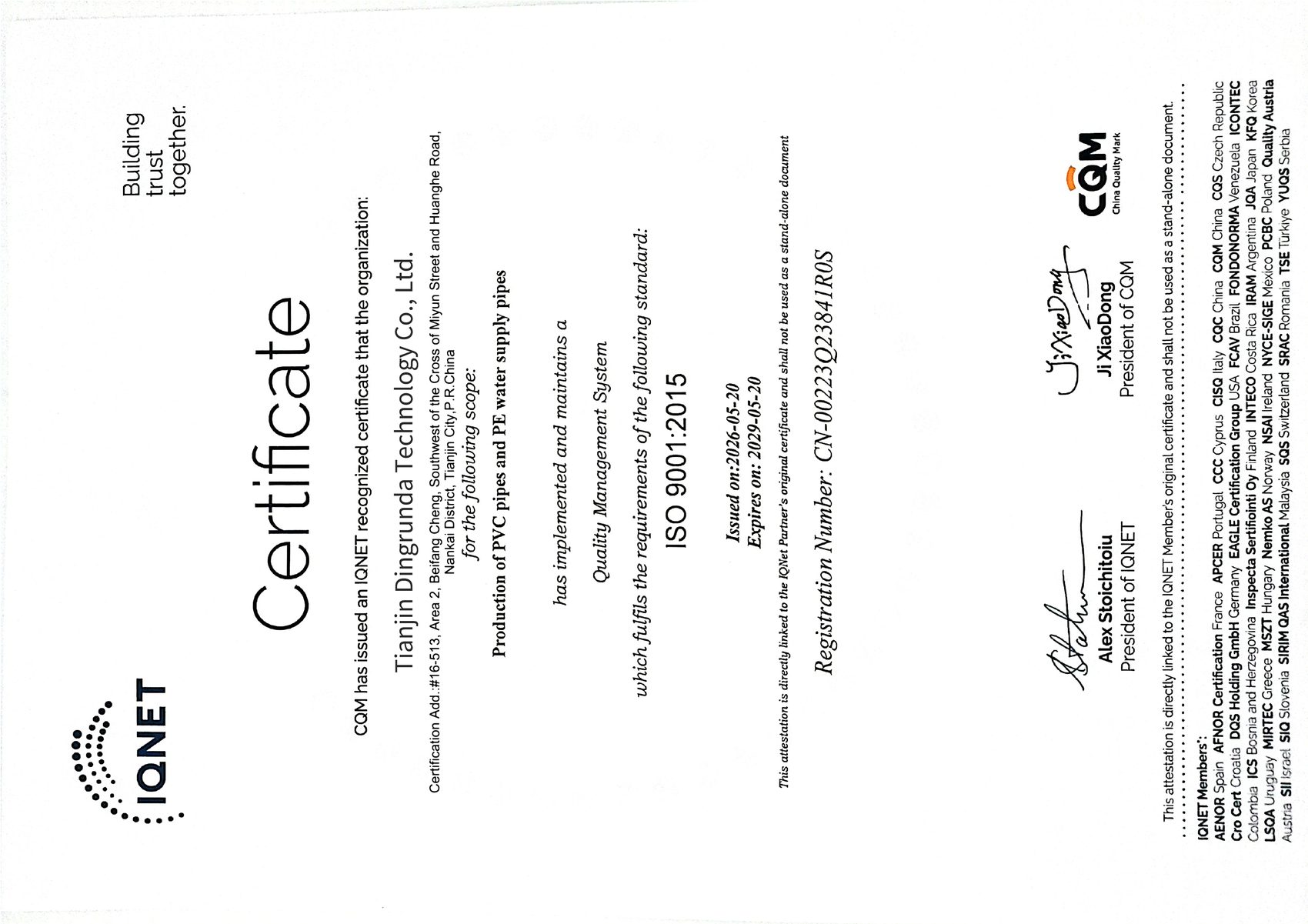 IQNet ISO 9001:2015 Quality Management System Certificate